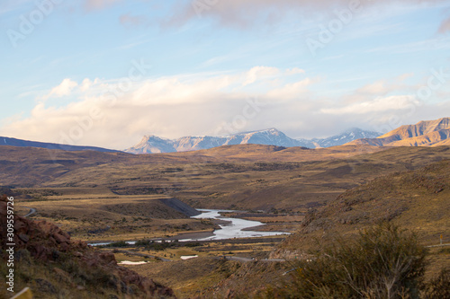 View of a river in the landscape of the Torres del Paine mountains in autumn, Torres del Paine National Park, Chile