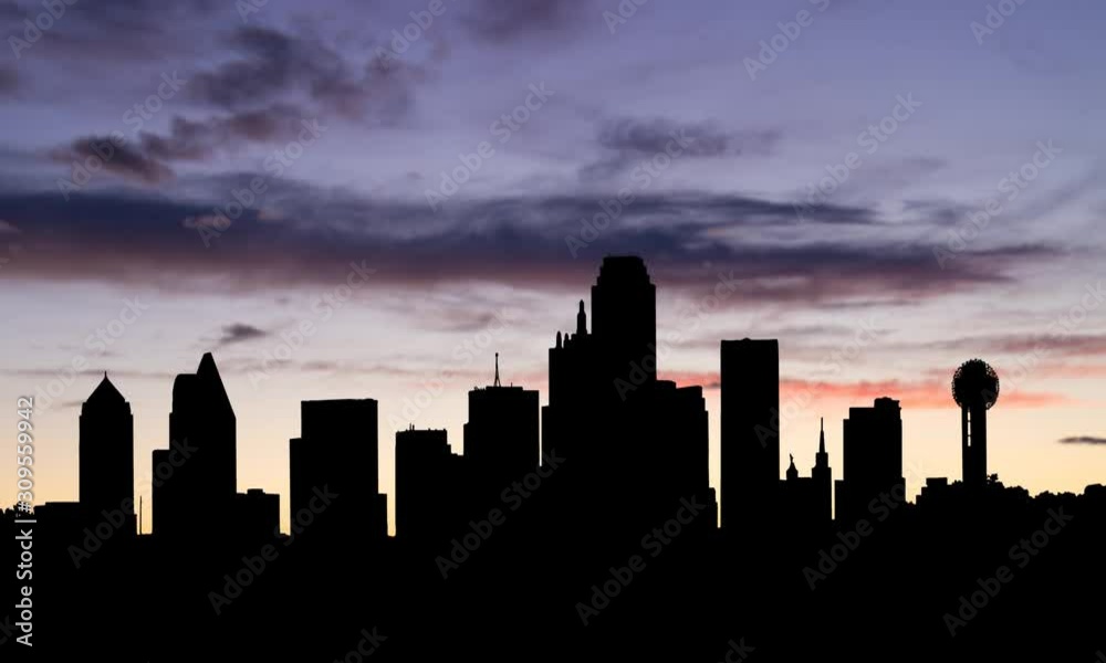 Dallas: Time Lapse at Twilight with Skyline of Downtown and Colorful Clouds, Texas, USA Dallas: Time Lapse at Twilight with Skyline of Downtown and Colorful Clouds, Texas, USA