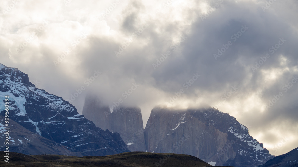 View of the landscape of the Torres del Paine mountains in autumn, Torres del Paine National Park, Chile