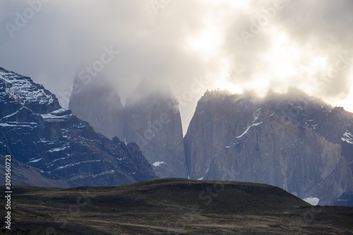View of the landscape of the Torres del Paine mountains in autumn, Torres del Paine National Park, Chile