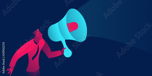 Businessman with megaphone. PR, marketing business concept in red and blue neon gradients