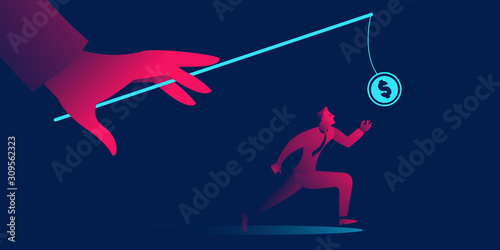 The Pursuit of Money business concept in red and blue neon gradients. Hand with fishing rod and coin