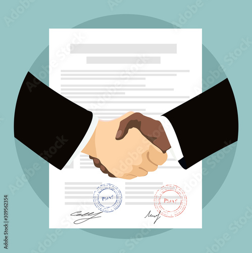 Two Businessman handshake on contract papers after agreement. vector illustration in flat style.