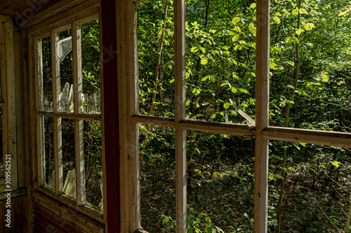 A view through wooden window frames