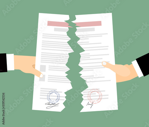 Two bussines men  Hands tearing apart a contract sheet of paper. Flat style