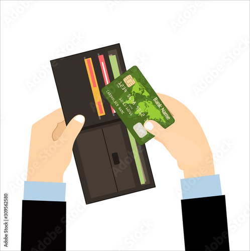 Human hands putting credit card into opened brown leather men wallet. vector illustration in flat design 