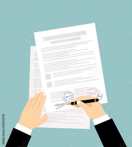 Hands of businessman are signing the contract. Vector illustration in flat design