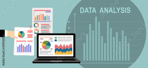 Analyzes data. Analysis concept, flat design. Process research financial growth, statistics, data analysis, document, market, strategic, report. Development Planning. Vector