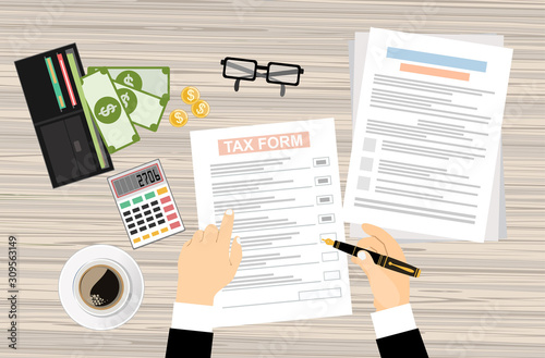 Tax payment design, Businessman hands, calculator, wallet with cash and coins, pen and coffee cup. Vector illustration in flat design.