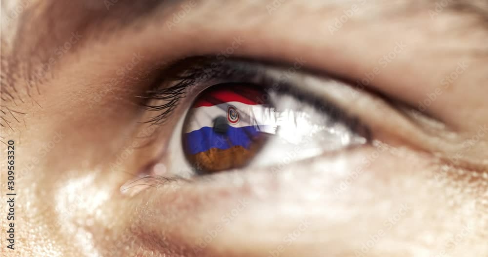 Man with brown eyes in close up, the flag of paraguay in iris,  with wind motion. video concept