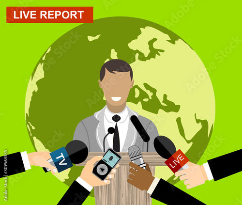 News conference world live tv hands of journalists microphones interview concept