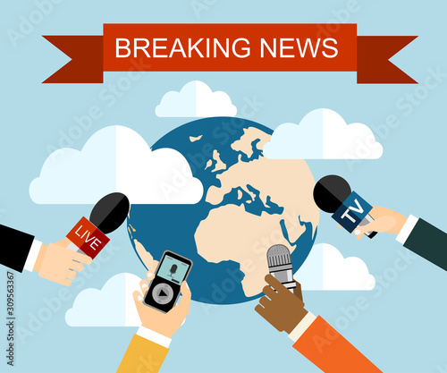 Few hands of journalists with microphones, tape recorder. journalism, live report, hot news, television and radio casts concept. vector illustration in flat style, world map background