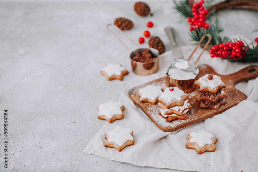 Christmas gingerbread homemade cookies on tabletop. Christmas gingerbread homemade cookies on tabletop.