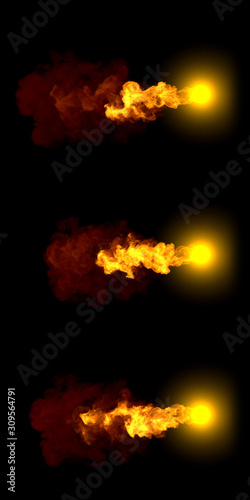 3 different images of flying fireball - high resolution fireball concept isolated on black, 3D illustration of objects