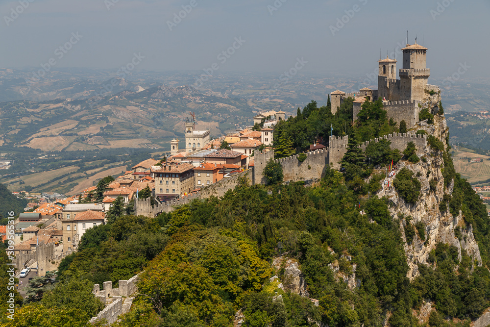 SAN MARINO / SAN MARINO - JULY 2015: View to one of San Marino castles
