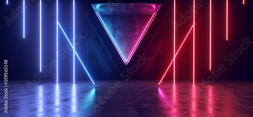 Fototapeta Naklejka Na Ścianę i Meble -  Night Club Empty Podium Laser Neon Fluorescent Glowing Purple Phantom Blue Lights Electric Triangle Concrete Shaped Wall Columns Cyber Night Virtual 3D Rendering