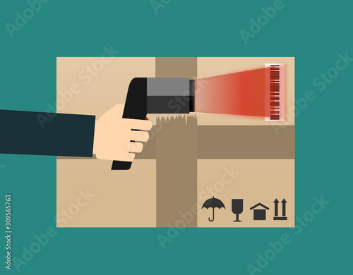 Operator hand holds scanner doing scan of a box with barcode. Flat vector scanner illustration of barcode scan proc