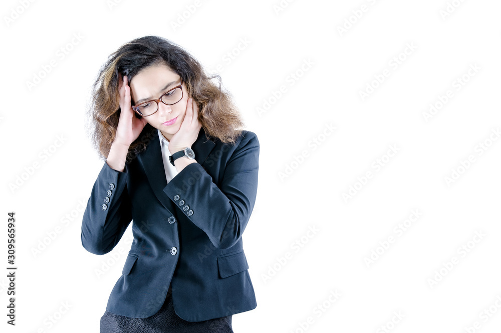 young business woman looking stressed, ashamed or upset, with a headache, covering face with hand isolated on white. Copy space young business woman looking stressed, ashamed or upset, with a headache, covering face with hand isolated on white. Copy space