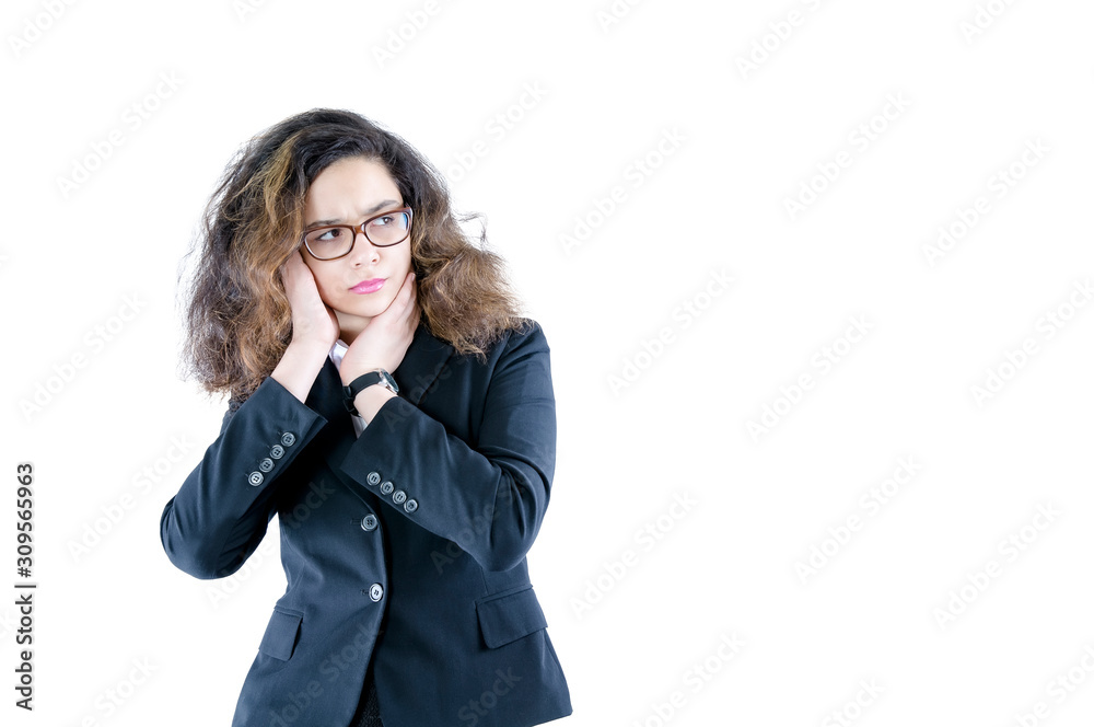 young business woman looking stressed, ashamed or upset, with a headache, covering face with hand isolated on white. Copy space young business woman looking stressed, ashamed or upset, with a headache, covering face with hand isolated on white. Copy space