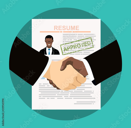 Business handshake.  Human resources management concept, searching professional staff, analyzing resume papers, work. illustration in flat design