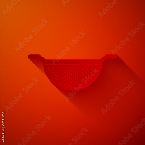 Paper cut Kitchen colander icon isolated on red background. Cooking utensil. Cutlery sign. Paper art style. Vector Illustration