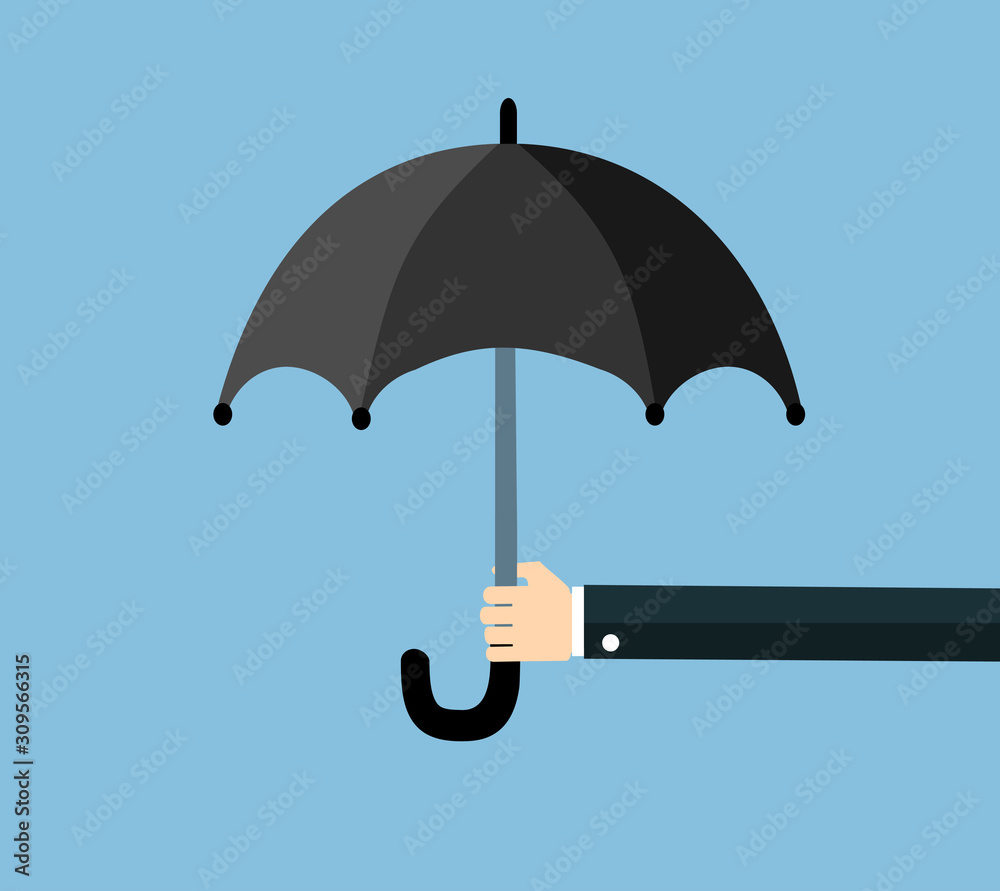 Businessman hand holding an umbrella. The concept of protection, insurance. illustration in flat design