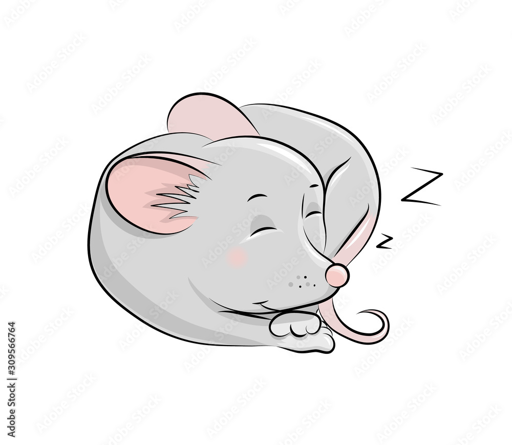 Cute cartoon mouse. Hand drawn illustration of the sleeping animal