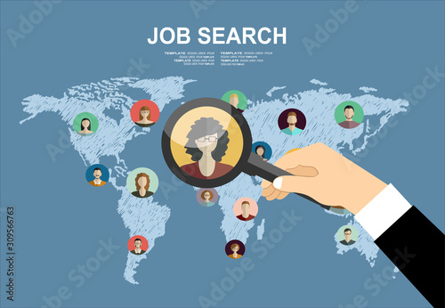 Search for job symbol with magnifying glass, find the right person, searching people for the job, human resources. Modern vector illustration for web design, marketing and print material.