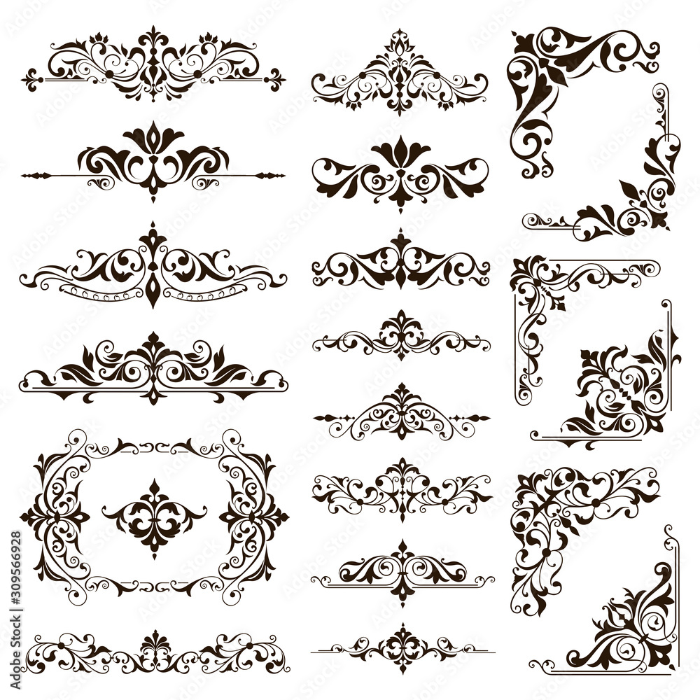 Ornamental design lace borders and corners Vector set art deco floral ...