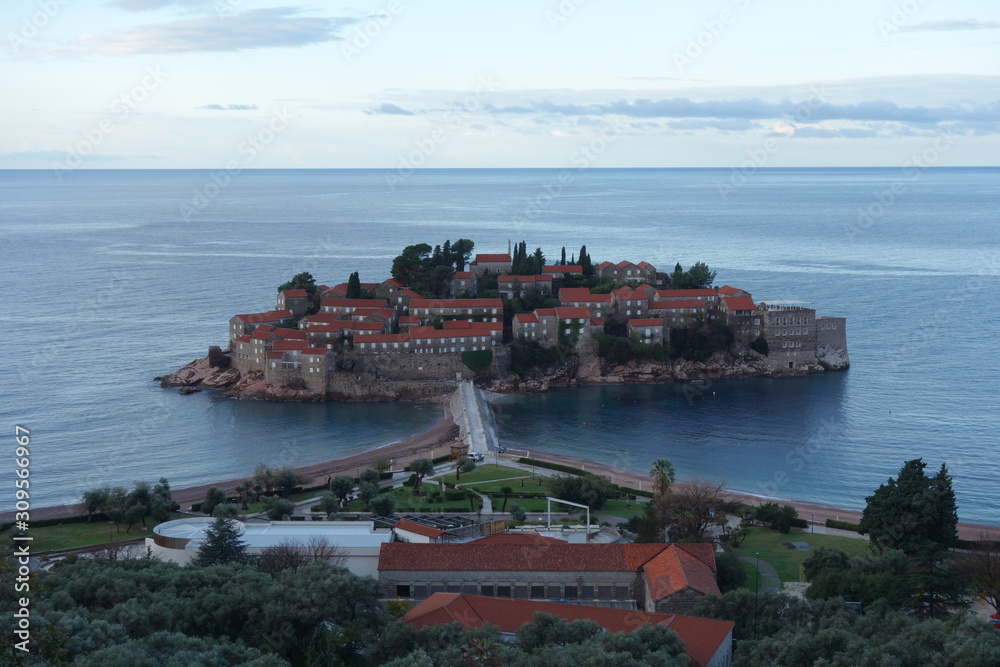 Hotel resort on an island in the Mediterranean sea
