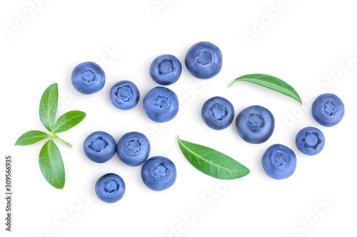 fresh ripe blueberry with leaves isolated on white background. Top view. Flat lay pattern