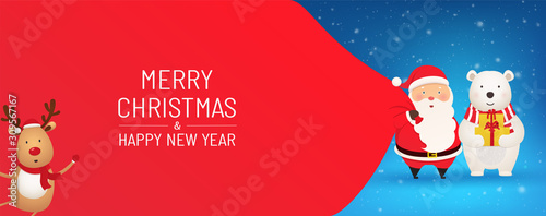 Santa Claus with huge red bag of gifts on snowy background stands with a polar bear. Merry christmas and happy new year poster, banner or new year card.
