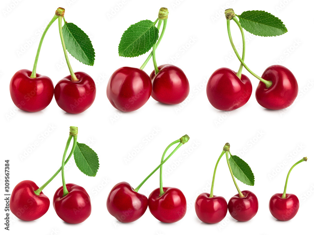 Set of cherries with leaf and cut closeup isolated on white background Set of cherries with leaf and cut closeup isolated on white background