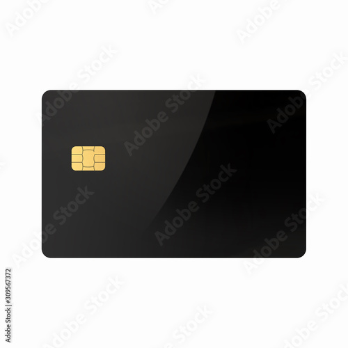 Empty Black Glossy Credit Card with EMV Chip Isolated on White Background. Realistic 3D Mockup Close-Up.