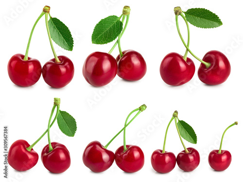 Set of cherries with leaf and cut closeup isolated on white background
