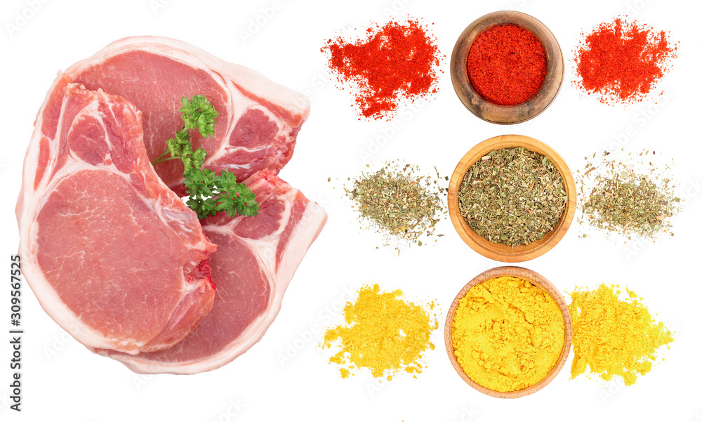 sliced raw pork meat with spices olated on white background. Top view. Flat lay