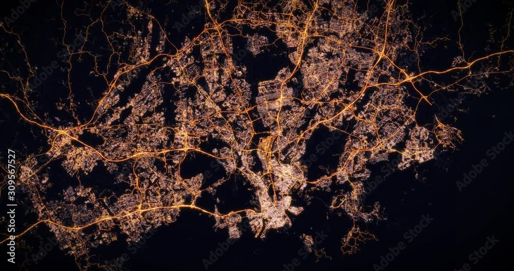 Aerial night view of city of Helsinki, Finland. Traffic and street light glowing. Camera flying high above, moving closer and rotating from space filming straight down. 3d animation rendering