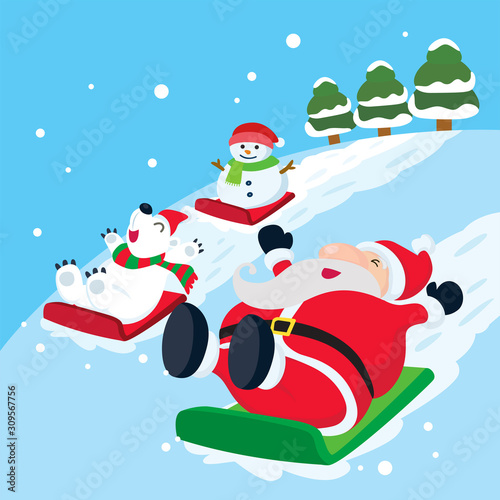 Santa Claus sledding down on the snow with polar bear and snowman