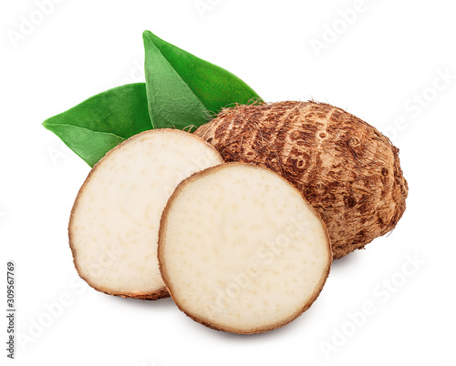 Fotografie fresh taro root with slices and leaf isolated on white background