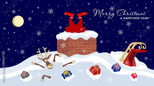 Santa Claus stuck In The Chimney, legs sticking out of the pipe at home, deer and gifts in a snowdrift.