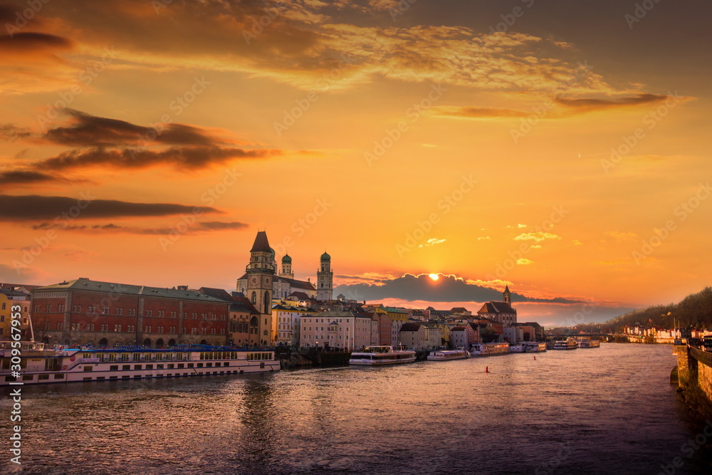 Passau on the Danube river, Germany. View of the town at sunset with beautiful sky.