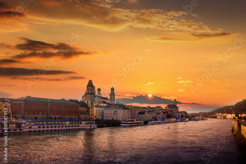 Passau on the Danube river, Germany. View of the town at sunset with beautiful sky.