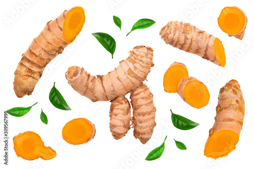 turmeric root and slices isolated on white background. Top view. Flat lay