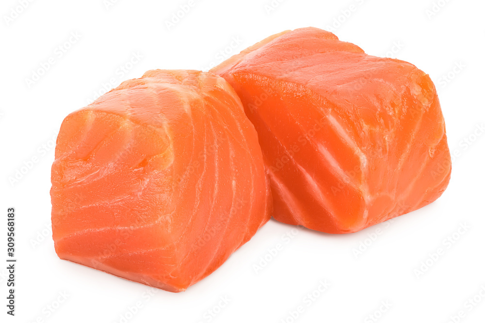 raw salmon piece cube isolated on white background close up