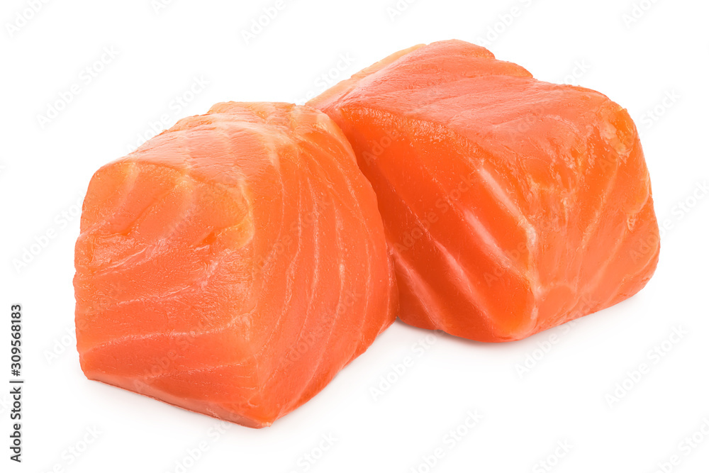 raw salmon piece cube isolated on white background close up raw salmon piece cube isolated on white background close up