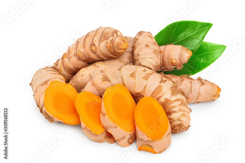 turmeric root with slices isolated on white background close up