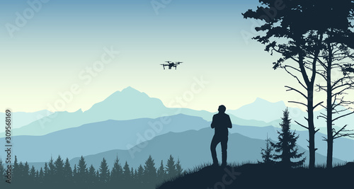 Man launches a drone. Videographer takes a landscape and nature. Forest, trees, mountains. Silhouette vector illustration