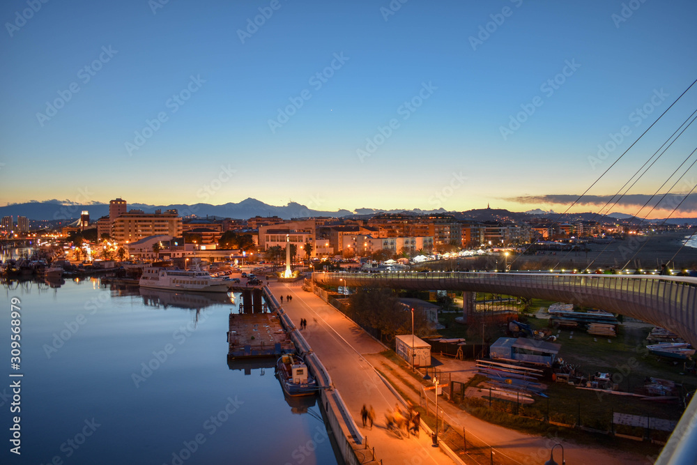 Illuminated Pescara View From the Bridge by Night of City and River in Abruzzo, Italy
