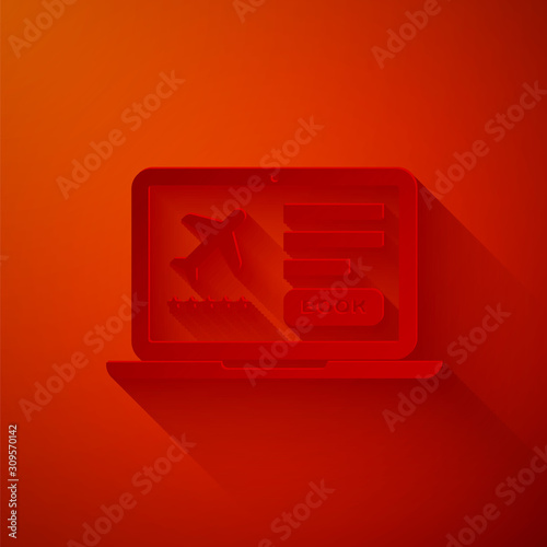 Paper cut Laptop with electronic boarding pass airline ticket icon isolated on red background. Passenger plane mobile ticket for web and app. Paper art style. Vector Illustration