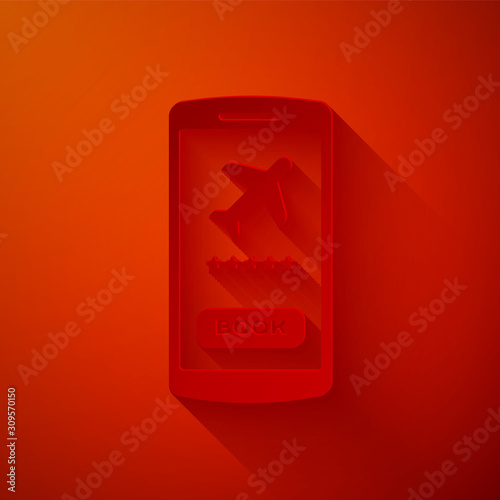 Paper cut Smartphone with electronic boarding pass airline ticket icon isolated on red background. Passenger plane mobile ticket for web and app. Paper art style. Vector Illustration